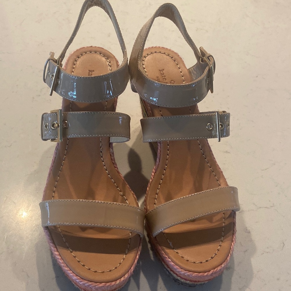 kate spade Gray and Beige Patent Leather Espadrille Wedge Sandals